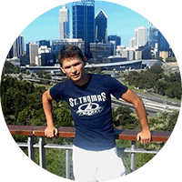 Cryotherapy manufacturing director in front of skyline in Perth, Australia