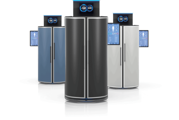 Three cryotherapy chambers standing next to each other